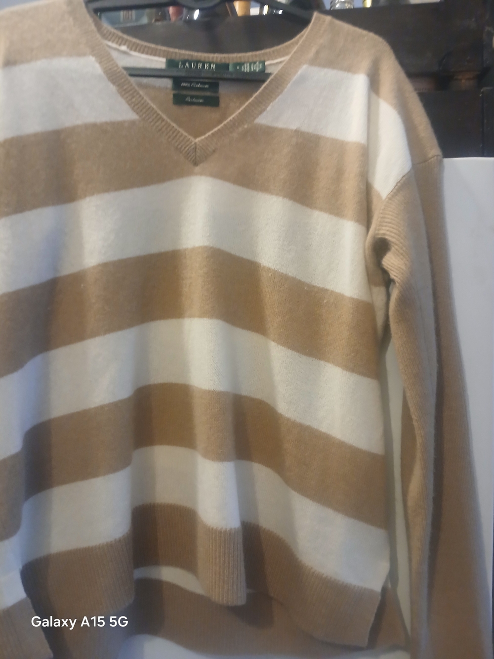 LAUREN Ralph Lauren Women  Tan and Cream Stripe V-Neck Sweater